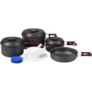 imageKingCamp Aluminum Camping Cookware Set Open Fire Cookware Backpacking Cooking Mess Kit Lightweight Camping Pans and Pots Kit Hiking Cooking Gear 15 PCS for 56 Person