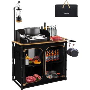 imageKingCamp Bamboo Camp Kitchen Station Folding Overland Camping Kitchen Table Hooks Portable Outdoor Cooking with Adjustable Lantern Pole ampamp Windshield Storage Organizer for Tailgating BBQ Picnic RVLblack