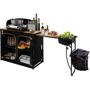 imageKingCamp Bamboo Camp Kitchen Station Folding Overland Camping Kitchen Table Hooks Portable Outdoor Cooking with Adjustable Lantern Pole ampamp Windshield Storage Organizer for Tailgating BBQ Picnic RVXlblack  Sink