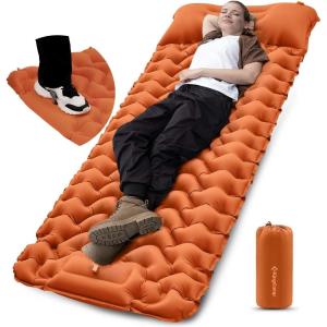 imageKingCamp Sleeping Pad for Camping Ultralight Connectable Inflatable Sleeping Pad Camping Mattress with 63quot Builtin Pillow ampamp Foot Pump for Backpacking Hiking Tent CotSingle Orange