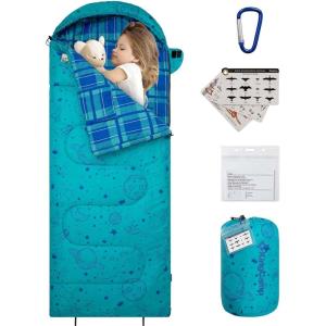 imageKingCamp 45 F Kids Sleeping Bag Lightweight Waterproof ampamp Compact Flannel Sleeping Bags Cold Weather ampamp Warm Youth Essentials Gear Accessories for Camping Fits 1012 Children up to 55quot Tall86F 446F Cyan Left Gift Set
