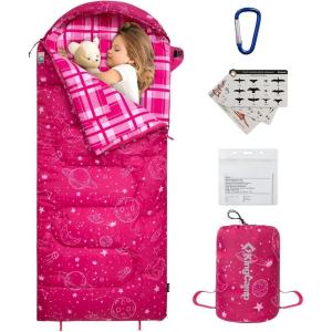 imageKingCamp 45 F Kids Sleeping Bag Lightweight Waterproof ampamp Compact Flannel Sleeping Bags Cold Weather ampamp Warm Youth Essentials Gear Accessories for Camping Fits 1012 Children up to 55quot Tall86F 446F RoseRed Left 4in1