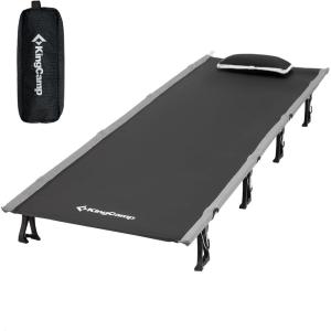 imageKingCamp Camping Cot Folding Portable Heavy Duty Ultralight Cots for Adults Camping Tent Hiking Backpacking Mountaineering Travel Indoor Outdoor Indoor Base Camp with Pillow Support 265 LbsBlack