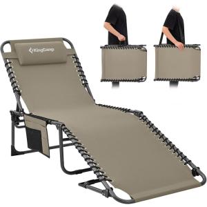 imageKingCamp Chaise Lounge Chairs Outdoor Foldable Patio Sun Chair for Outside Camping Sunbathing Beach Lawn Pool Garden Yard Folding Lightweight Heavy Duty Portable Adjustable Lounge with PillowBeige