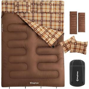 imageKingCamp Double Sleeping Bag for Adults Queen Size 2 Person XXL Flannel Sleeping Bag Waterproof Lightweight Flannel Quilt with 2 Pillows Perfect for Couples Family Camping HikingEnvelopeCoffee