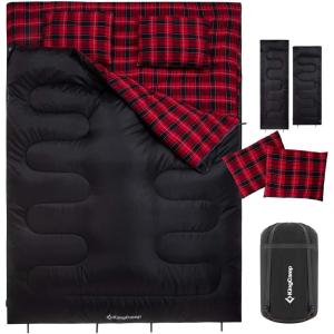 imageKingCamp Double Sleeping Bag for Adults Queen Size 2 Person XXL Flannel Sleeping Bag Waterproof Lightweight Flannel Quilt with 2 Pillows Perfect for Couples Family Camping HikingEnvelopeBlack