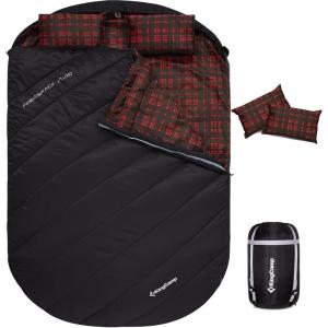 imageKingCamp Double Sleeping Bag for Adults Queen Size 2 Person XXL Flannel Sleeping Bag Waterproof Lightweight Flannel Quilt with 2 Pillows Perfect for Couples Family Camping HikingThermal PodBlack