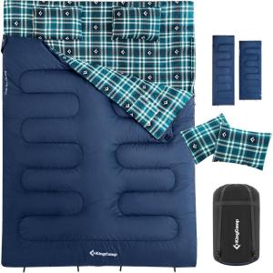 imageKingCamp Double Sleeping Bag for Adults Queen Size 2 Person XXL Flannel Sleeping Bag Waterproof Lightweight Flannel Quilt with 2 Pillows Perfect for Couples Family Camping HikingEnvelopeNavy
