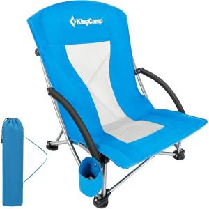 imageKingCamp Folding Beach Chair High Back Lightweight Portable Backpack Chair with Headrest Cup Holder for Camping Outdoor Sand Concert Lawn Festival Sports CyanBluelow Back