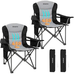 imageKingCamp Oversized Camping Folding Chair with Lumbar Support Heavy Duty Ergonomic Padded Arm Chair with Cooler Bag Cup Holder Portable for OutdoorBlackGrey2 Pack