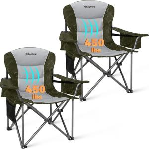 imageKingCamp Oversized Camping Folding Chair with Lumbar Support Heavy Duty Ergonomic Padded Arm Chair with Cooler Bag Cup Holder Portable for OutdoorGreenGrey2 Pack