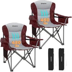 imageKingCamp Oversized Camping Folding Chair with Lumbar Support Heavy Duty Ergonomic Padded Arm Chair with Cooler Bag Cup Holder Portable for OutdoorRedGrey2 Pack