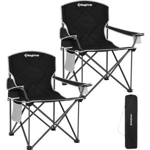 imageKingCamp Portable Folding Camping Quad Chair Oversized Fully Cushioned Seat with Side Pocket and Cup Holder for Tailgates Beach Lawn2pack Black