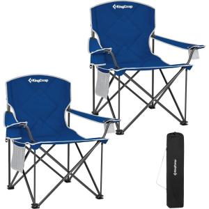 imageKingCamp Portable Folding Camping Quad Chair Oversized Fully Cushioned Seat with Side Pocket and Cup Holder for Tailgates Beach Lawn2pack Blue