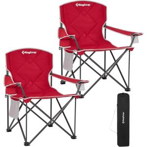 imageKingCamp Portable Folding Camping Quad Chair Oversized Fully Cushioned Seat with Side Pocket and Cup Holder for Tailgates Beach Lawn2pack Red