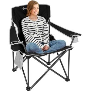 imageKingCamp Portable Folding Camping Quad Chair Oversized Fully Cushioned Seat with Side Pocket and Cup Holder for Tailgates Beach LawnBlack